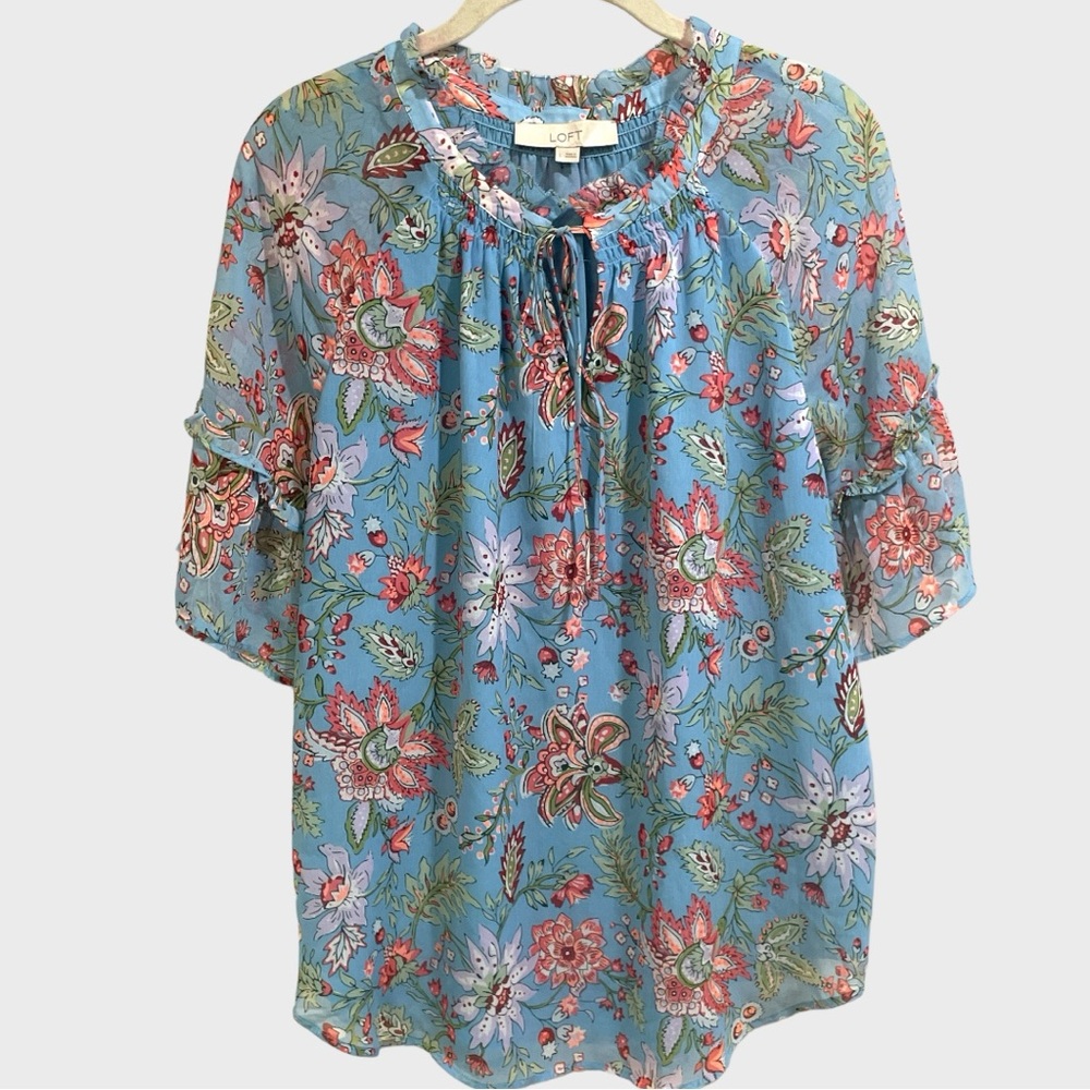 Loft Garden Ruffle Neck Chiffon Style Size Large - Picture 3 of 12